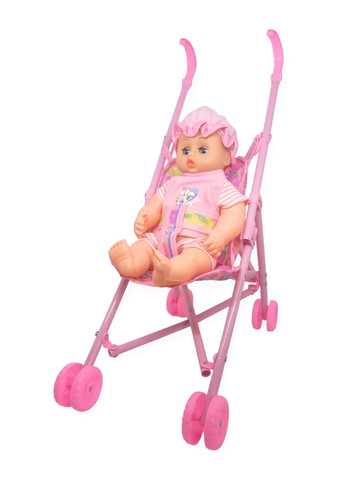 Коляска детская с куклой пупс розовая в костюме 45х30х16 см игрушечная складная No Brand (280947189)