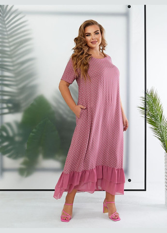 Розово-лиловое повседневный платье макси с воланом а-силуэт No Brand в горошек