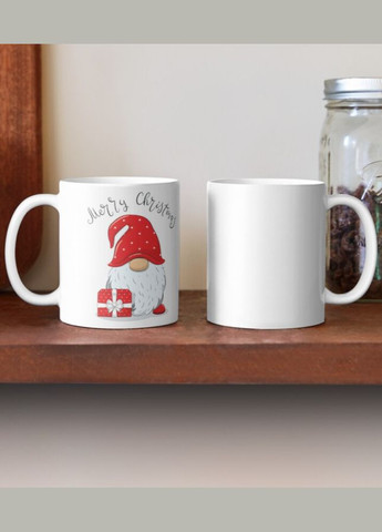 Чашка Керамічна Кружка з принтом Merry Christmas гном з подарунком Різдво Новий Рік Біла 330 мл Orca (307501524)