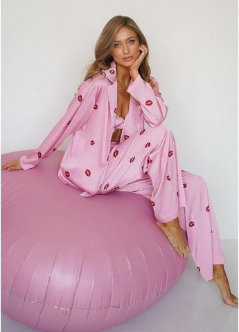Розовый демисезонный стильный домашний комплект 4 в 1 с принтом женская одежда для дома и отдыха с рюшами нежный набор с поцелуями для женщин Cindylove