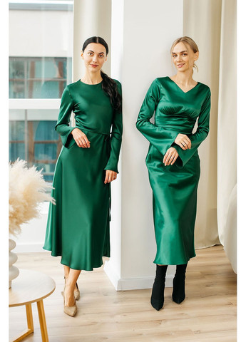 Зеленое платье из двойного шелка с поясом maureen Lana Bryk однотонное