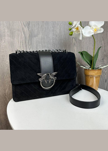 Замшева стьобана сумочка клатч на плече з ланцюжком натуральна чорна замша (sku_1664) No Brand (330576640)