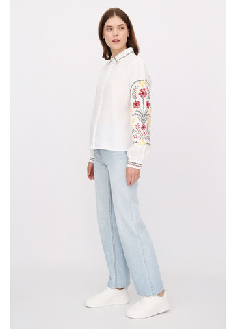 Біла жіноча лляна сорочка-вишиванка з комірцем та вишитими квітами рукавами зозуля., р., код 9489/50/101 ГАЛЕРЕЯ ЛЬОНУ