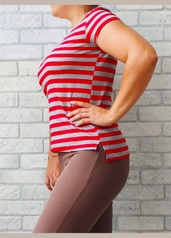 Женская хлопковая футболка в полоску с коротким рукавом, ворот мысик, хлопок No Brand - (318363429)