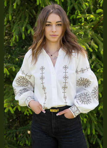 Молочна жіноча вишиванка молочна з геометричним орнаментом українська етно-сорочка з вишивкою візерунок орнамент приталена, вільна, пряма льон (332961055)