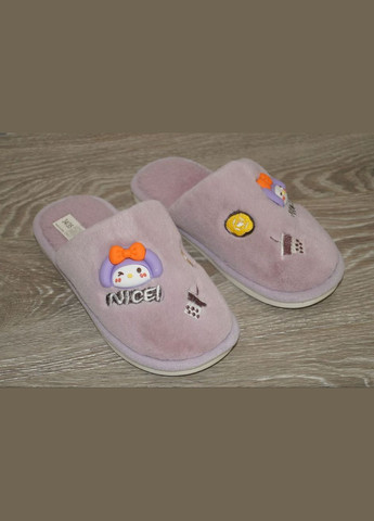 Сиреневые тапочки для девочки меховые с красивой аппликацией Deshman с аппликацией, с белой подошвой, с вышивкой