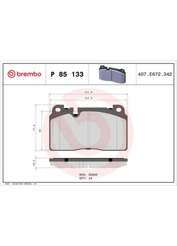 Тормозные колодки дисковые P85 133 Brembo (390276810)