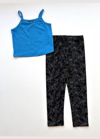 Бірюзовий літній комплект для дівчинки майка бірюзова 2000-56 + легінси чорні трикотажні 2000-62 (146 см) OVS