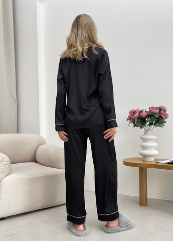 Черная всесезон шелковые пижамы женские с белым кантом (рубашка + штаны) рубашка + брюки No Brand