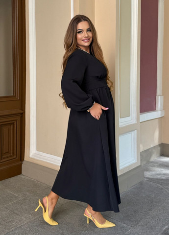 Черное праздничный, коктейльное, вечернее вечернее платье макси с длинными рукавами из тиара клеш, колокол, а-силуэт No Brand однотонное