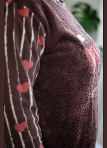 Коричнева зимня батал тепла жіноча піжама фліс + махра (великі розміри) сердечка, коричнева кофта + брюки SNS