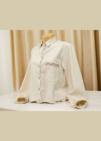 Бежевая рубашка вышитая женская льняная яворина бежево-красная вышивка узор орнамент свободная вискоза, лен (334001042)