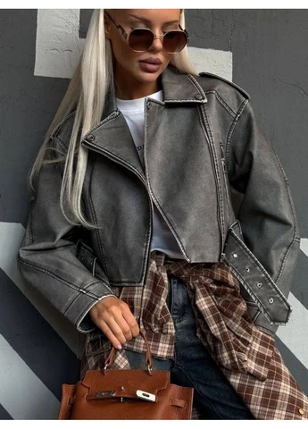 Серая куртка-косуха укороченная «vintage» No Brand