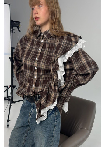 Дизайнерська жіноча сорочка-трансформер Oxford у клітинку з асиметричним воланом та білим мереживом (Oversize) LUCKY REEF (372736163)