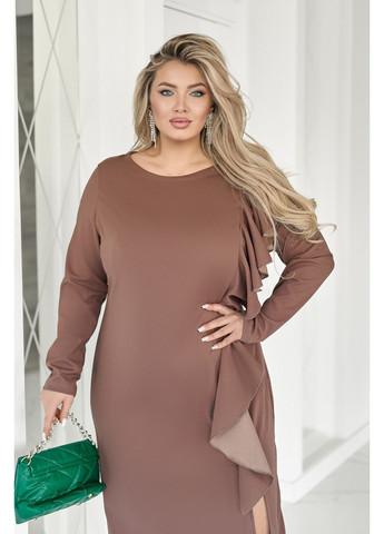 Коричневое приталенное платье миди с воланом Fashion Girl