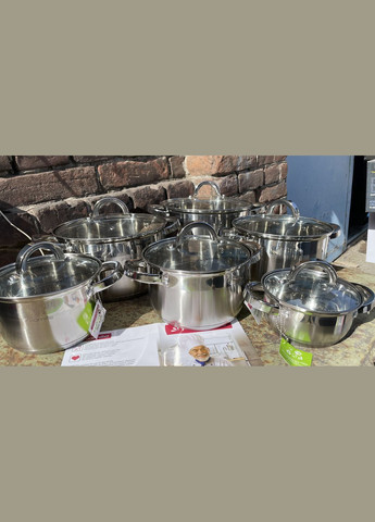 Набір кухонного посуду KM-5638s 12 пр. ЗРУЧНІ обсяги каструль 1 л, 1.8 л, 2.5 л, 3.8 л., 4.5 л., 6.5 л Kamille (346600493)