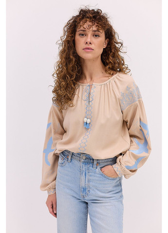 Бежева жіноча вишиванка бежева з блакитними ластівками гладдю розмір Arjen льон (373682136)