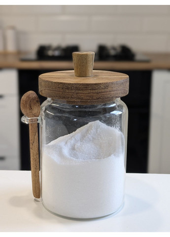 Ємність для сипучих продуктів з ложкою 850 мл прозора з дерев'яною кришкою No Brand (361125607)