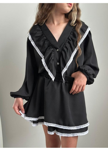 Черный демисезонный комплект (блузка, юбка-шорты) подростковый юбочный, с рубашкой, с шортами IRmAS