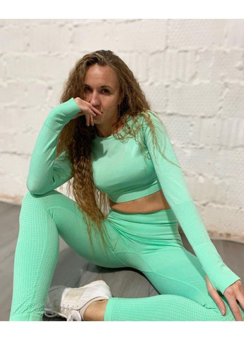 Жіночий безшовний фітнес костюм м’ятний: лосини + рашгард / Фітнес комплект жіночий м’ятного кольору безшовний No Brand (367102148)
