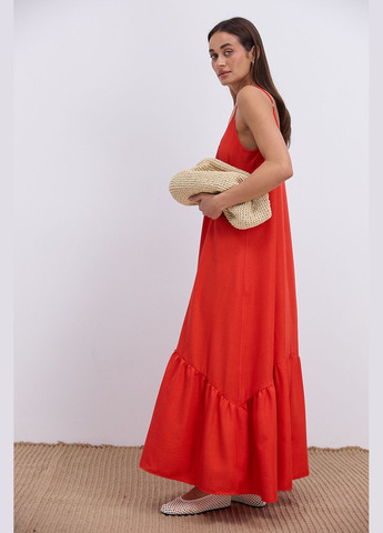 Червона довге літнє плаття червоне з фігурним воланом внизу Arjen