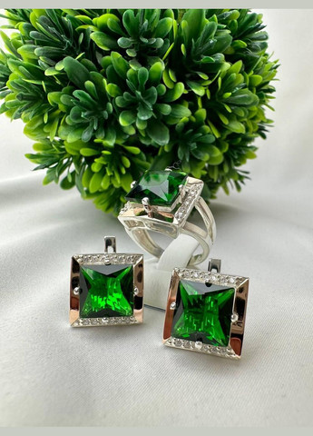 Комплект прикрас срібло з золотом Катрін зелений циркон сережки + каблучка No Brand (329999448)