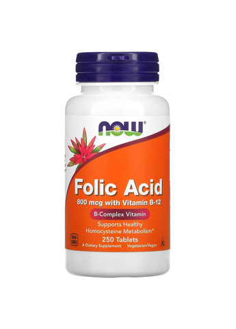 Фолієва кислота 800 мкг з вітаміном Б12 Folic Acid with Vitamin B12 250 таблеток Now Foods (264648117)