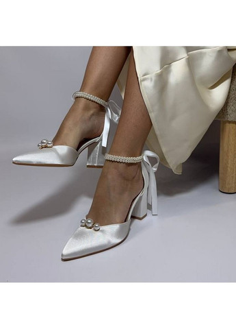 No Brand Женские туфли Свадебные атласные ремешком с жемчугом и с брошью три жемчужины (снимается) 7,5 см. белый з текстиль, — (351394307)