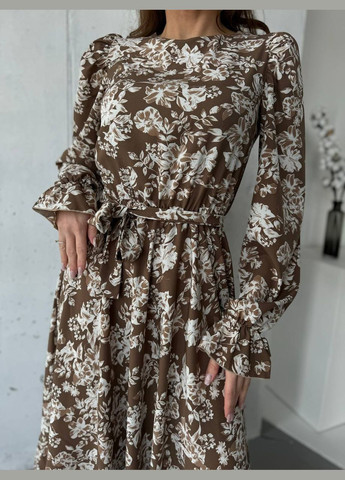 Коричневое повседневный женское платье с цветочным принтом софт No Brand с цветочным принтом