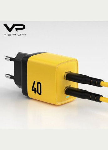 Зарядний пристрій GaN 40W Quick Charger PD+QC 2xUSB-C Yellow Veron (330028134)