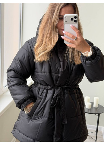 Чорна зимня жіноча подовжена зимова куртка Гермес