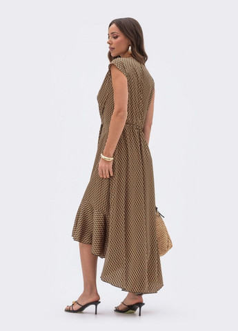 Коричневое кэжуал платье-миди приталенного силуэта коричневое с принтом Dressa