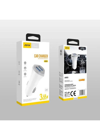 Автомобильное зарядное устройство A903 блочок (2USB/34A) + USB кабель Lightning- белый Aspor (368560963)
