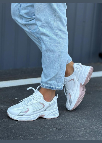 Білі білі жіночі кросівки прес шкіра високої якості рожеві вставки No Brand