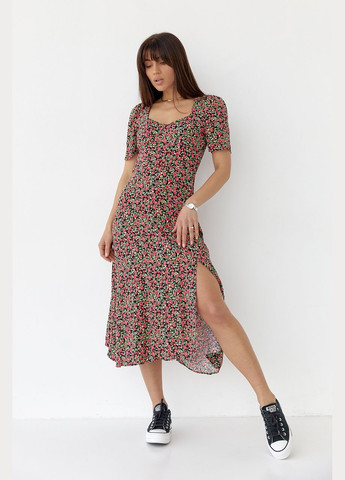 Чорна повсякденний сукня міді з розрізом у квітковий принт 2357 Lurex з квітковим принтом