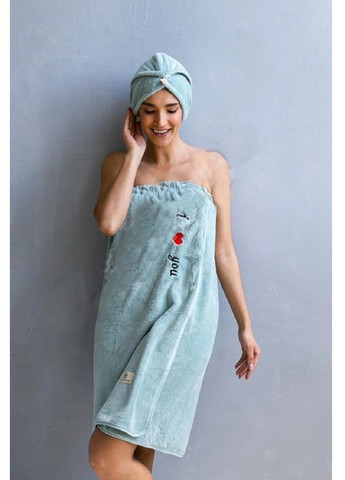 Комплект полотенце халат чалма на голову для сауны бани душа бассейна микрофибра 140х80 см (476954-Prob) Салатовый с надписью Unbranded (292848664)