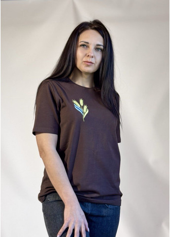 Коричневая женская футболка-вышиванка трендовом шоколадном цвете узор украинская символика прямой стрейч кулир (354788241)