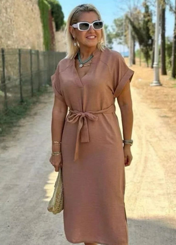 Кофейное повседневный базовое легкое повседневное свободное летнее меди платье с поясом, короткими рукавами реглан и отложным воротником Tik-Tak однотонное