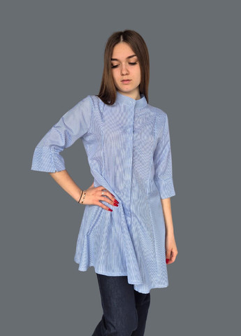 Голубое кэжуал платье-рубашка женское в белую полоску рубашка No Brand в полоску