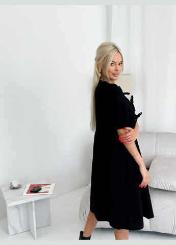 Чорна повсякденний, святковий жіноча літня льняна сукня міді оверсайз Style Point однотонна