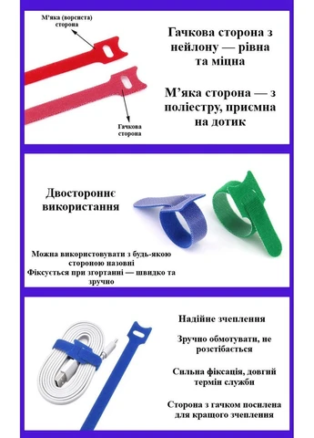 Кабельные стяжки липучки 150×12 мм для проводов из нейлона и полиэстера комплект 100 шт разноцветные No Brand (395904736)