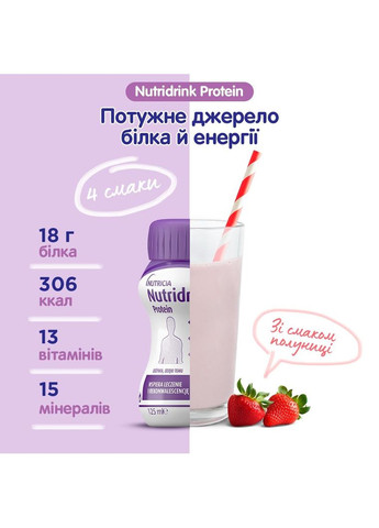 Ентеральне харчування Nutridrink Protein зі смаком полуниці, 4х125 мл Nutricia (331861148)