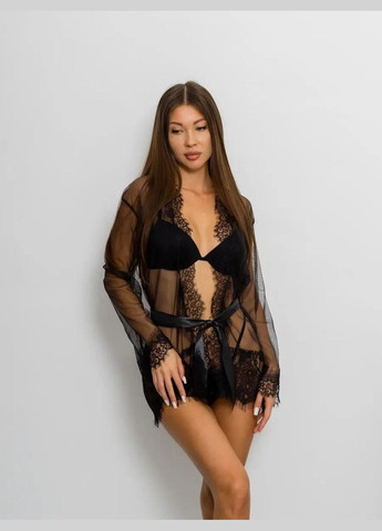 Черный демисезонный халат полупрозрачный короткий кружевом с трусиками черный No Brand Жіночий набір Sabrina