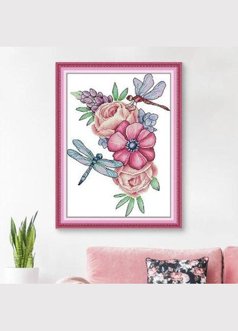 Набор для вышивания по нанесённой на канву схеме "Dragonflies and Flowers". AIDA 14CT printed 22*31 см Joy Sunday (313613050)