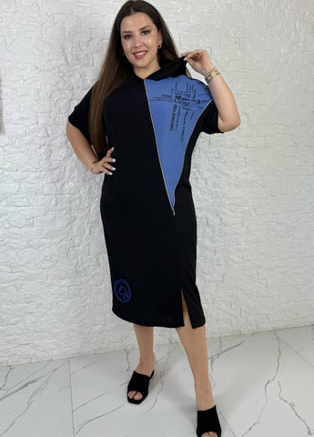 Синя повсякденний сукня міді з написами та капюшоном сукня-світшот Tik-Tak з написами