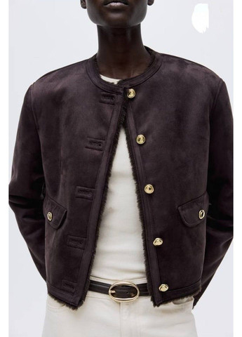 Темно-коричневая демисезонная женская утепленная куртка-жакет из эко-замши н&м (58538) xs темно-коричневая H&M