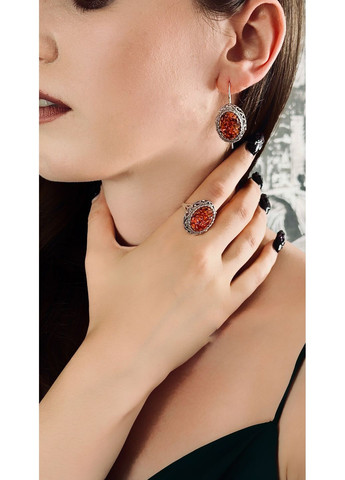 Срібний комплект прикрас 925 проба з синтетичним бурштином Family Jewelry House (356567854)
