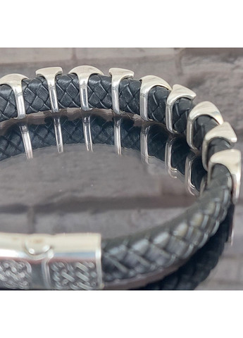 Браслет срібний Генеральський з рунами та плетеною шкірою No Brand (365818906)