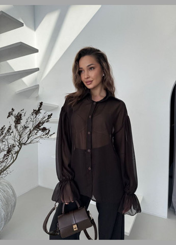 Коричнева жіноча прозора шифонова блуза блузка на гудзиках чорна No Brand