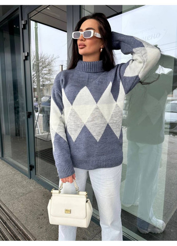 Сіро-голубий зимовий теплий напіввовняний светр romb з високим горлом! пуловер BANG__BOOOM